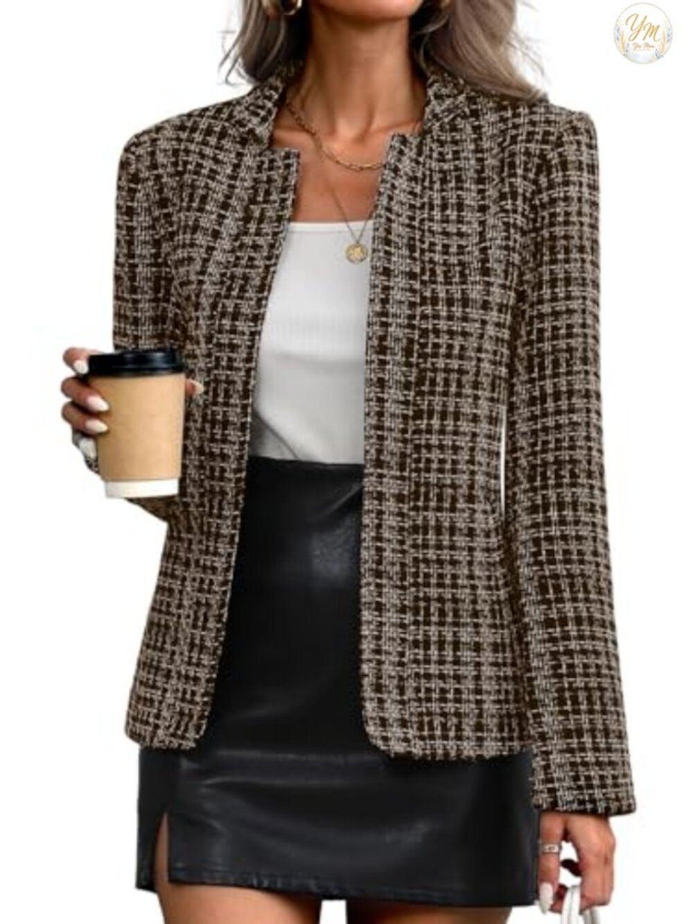 Tweed Open Front Blazer Slim Fit Long Sleeve Business Casual Women's